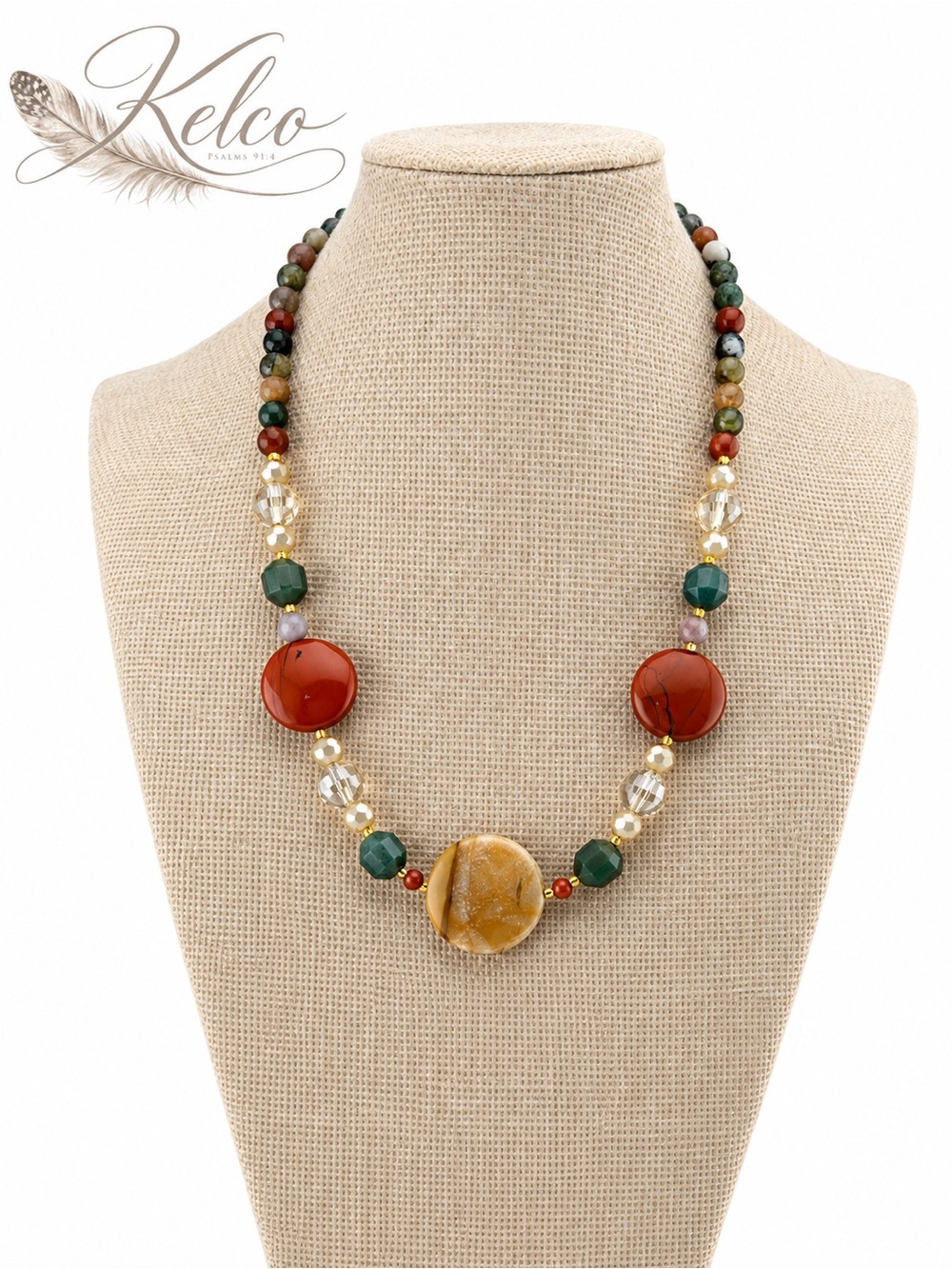Indian Agate, Res Jasper & Crystal Necklace 16”